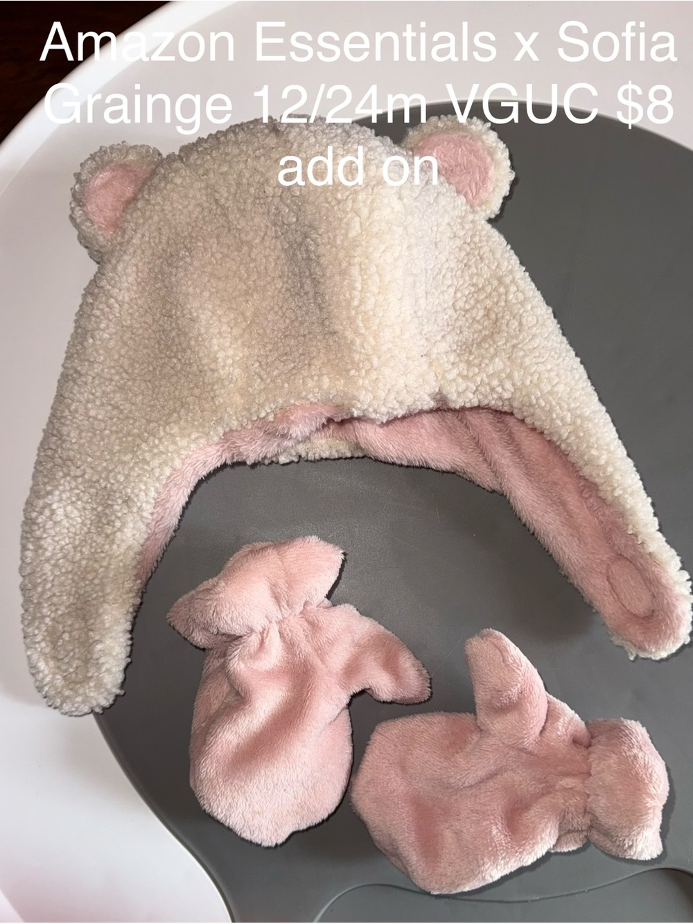 Amazon Essentials Kids Cream & Pink Sherpa Bear Hat with Pink Mittens